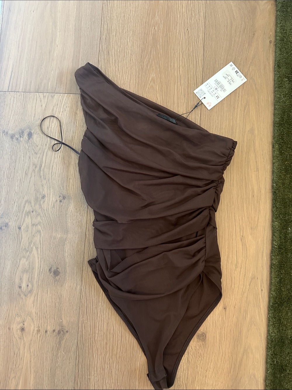 Zara One-Shoulder Ruched Bodysuit - Brown